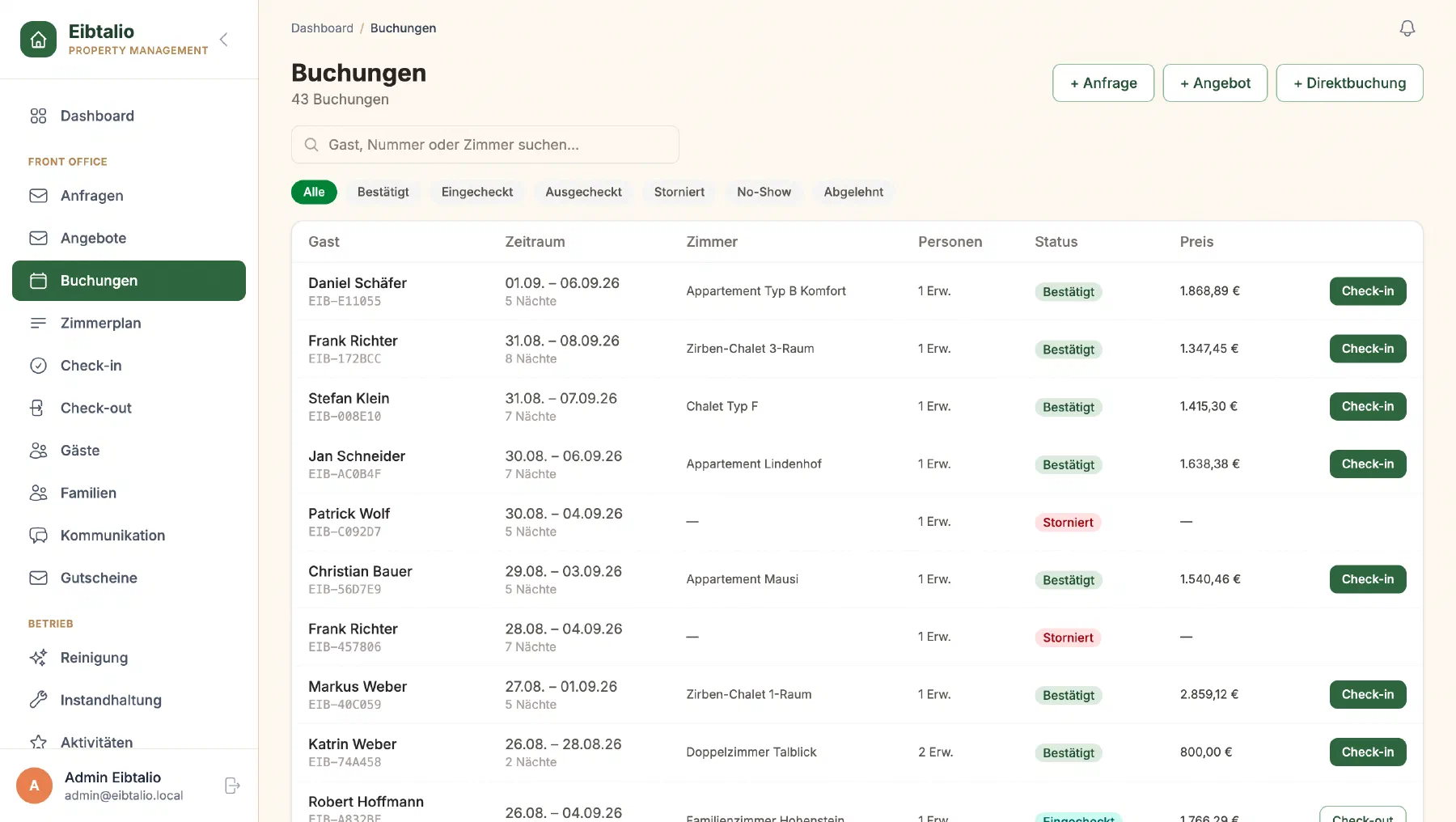 Buchungsliste in Eibtalio mit Zeitraum, Zimmer, Status und Preis